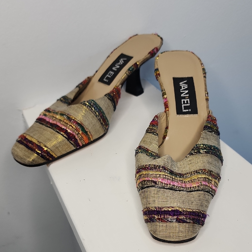 VAN ELi Women's Colorful Striped Silk Mules Slides Size 6.5